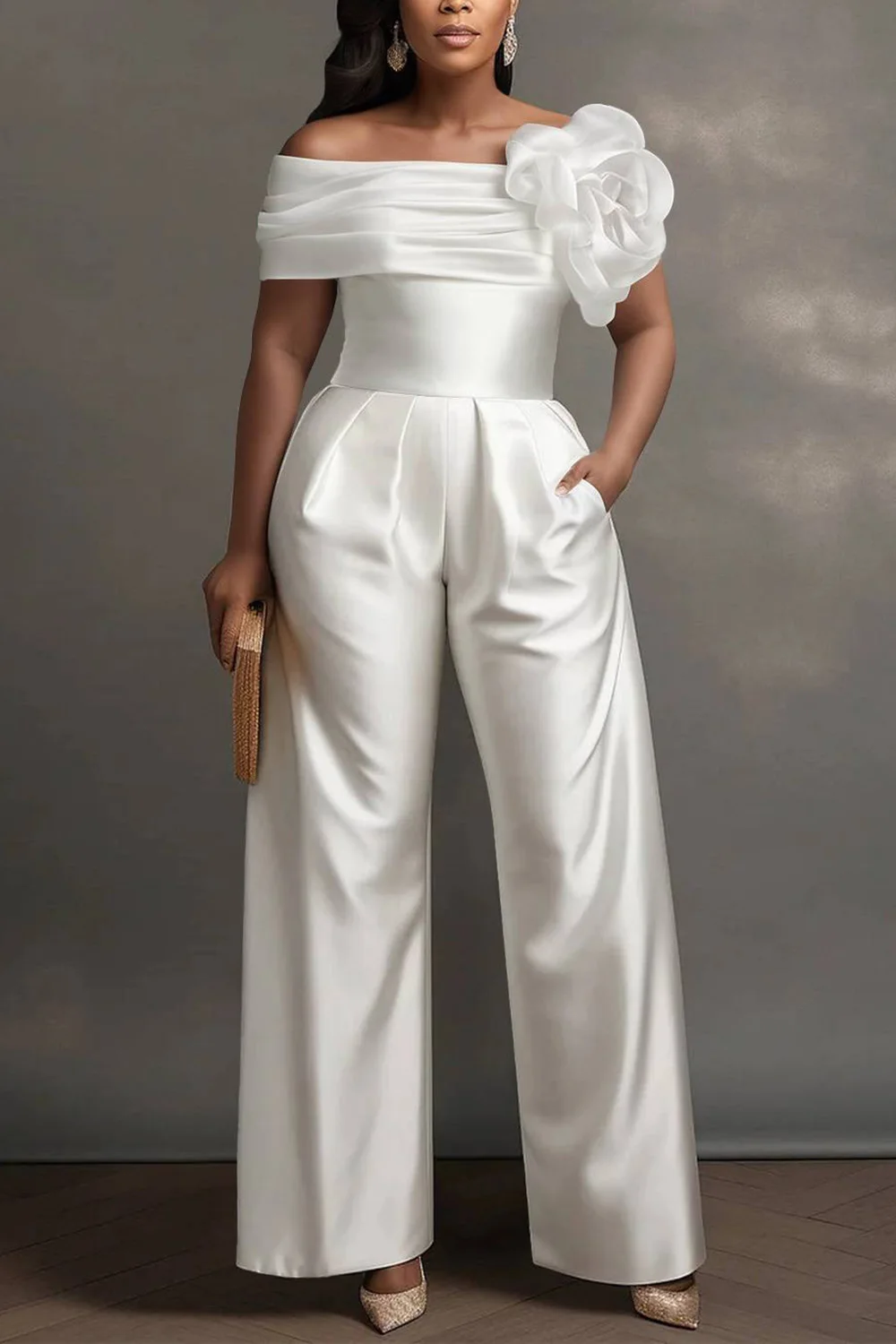 Plus Size Formal White Elegant Off The Shoulder 3D Pocket Satin Jumpsuits