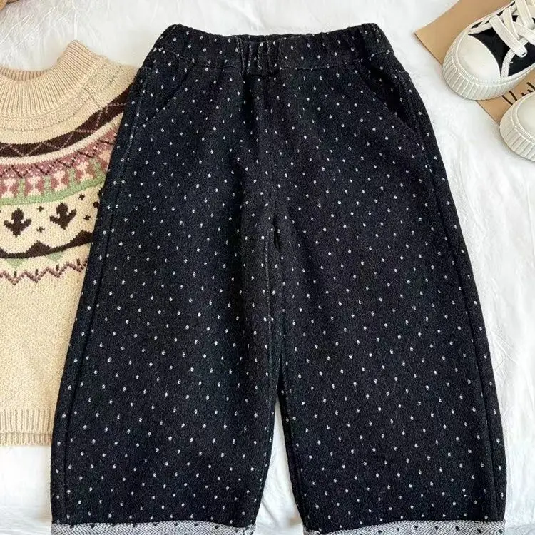 سراويل شتوية واسعة الساق للفتيات جينز للخريف والشتاء للأطفال منقط