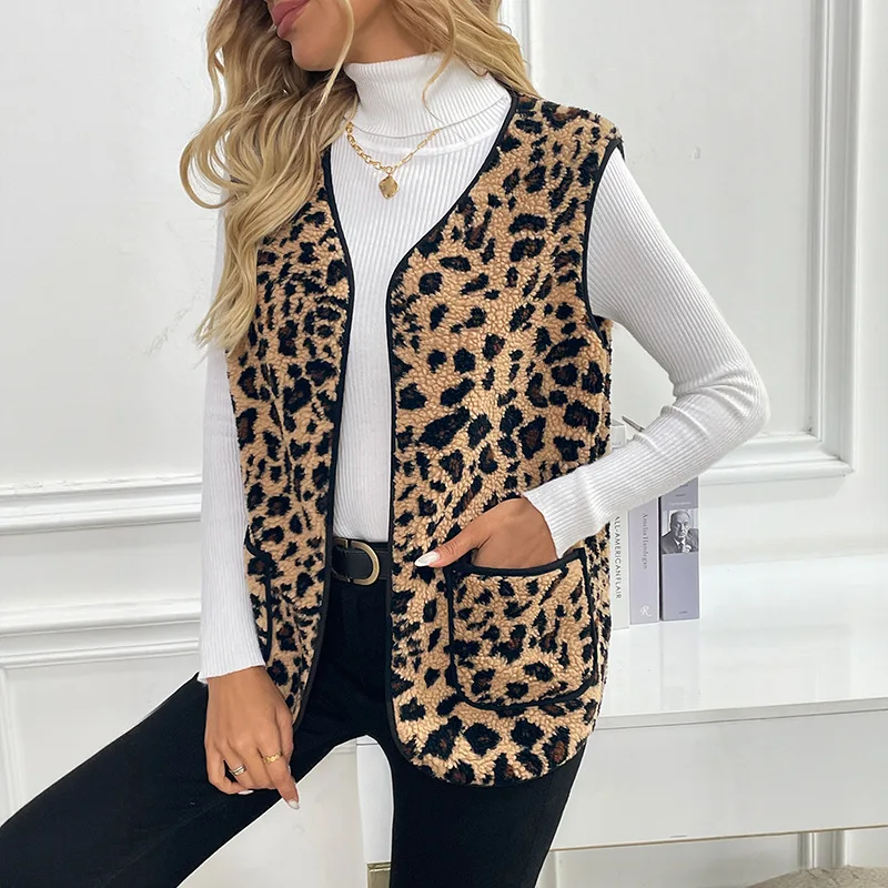 V-neck Sleeveless Vest Leopard Print Women's Cardigan Jacket in Autumn and Winter of 2025