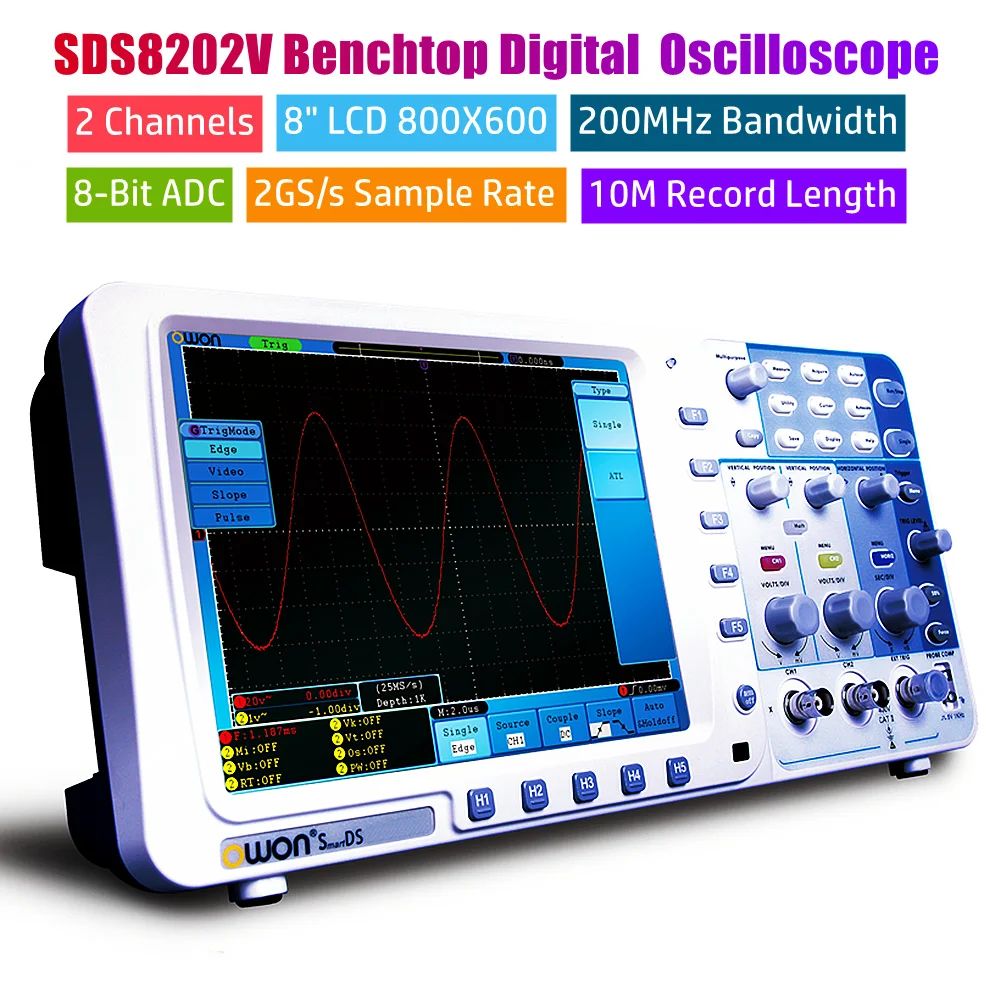 

OWON SDS8202V High Precision Digital Oscilloscope 200MHz Bandwidth Dual Channels 2GS/s 10M Record Length 8" LCD Oscilloscope