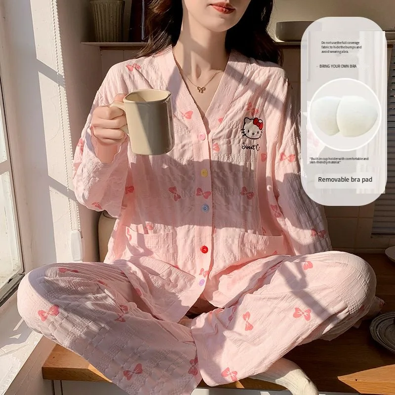 

Милая пижама Sanrio Hello Kitty, весенняя одежда для сна, пижама с длинными рукавами и брюками, женская пижама, элитная ночная рубашка, роскошная ночная одежда, домашний костюм