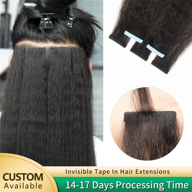 Invisible Tape In Hair Extensions Kinky Straight/Light Yaki Straight Injected Tape ins Remy Black Core Glue Seamless 20PCS