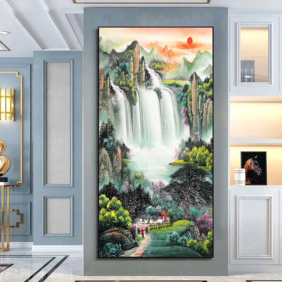 2022 New 5d Diamond Painting Flowing Water To Make Money Porch Vertical Scenic Cross stitch Handmade Landscape Mosaic Painting