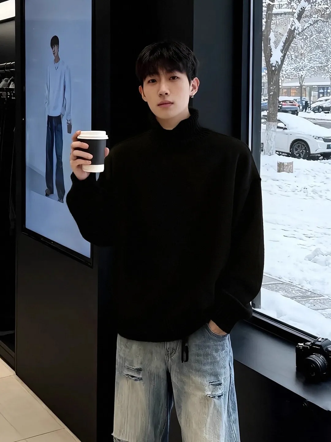 

Мужской черный вязаный свитер с высоким воротником, зимний, утепленный флисом, в корейском стиле, для пар, свободного кроя, с длинным рукавом