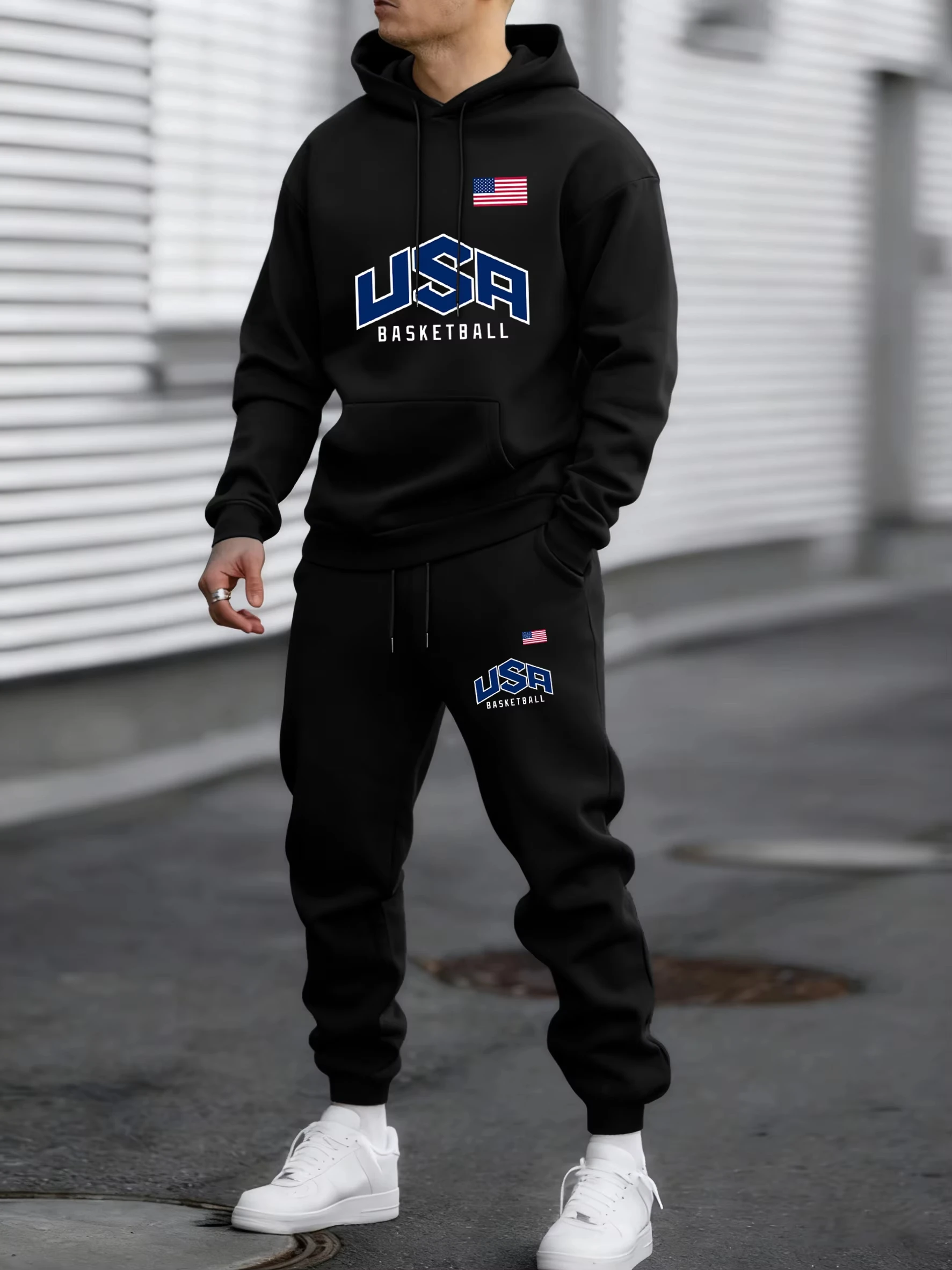 American printed pullover men's autumn loose retro casual set fleece warm pants and neutral basic style clothing Sportswear set