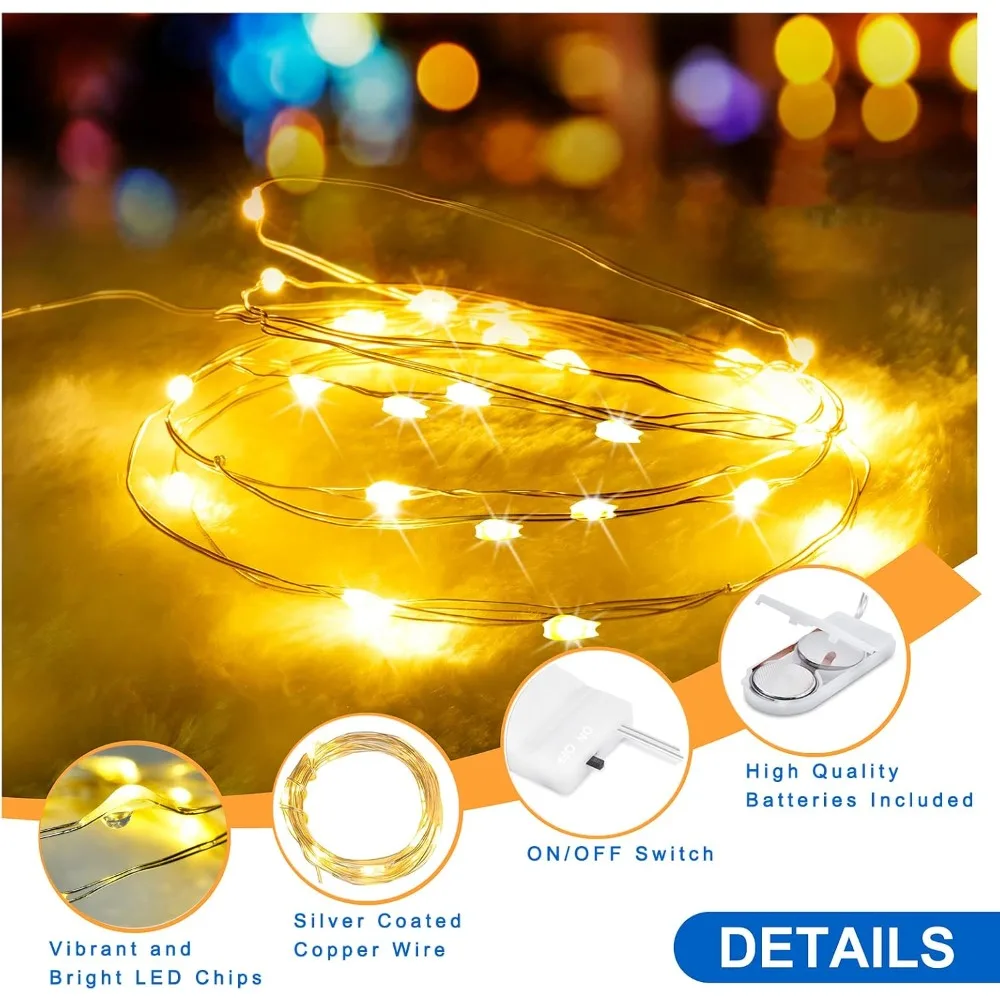 10 Pcs String Fairy Lights Silver Copper Wire Battery Powered Decorations Lights for Wedding Party Christmas Decor with Battery