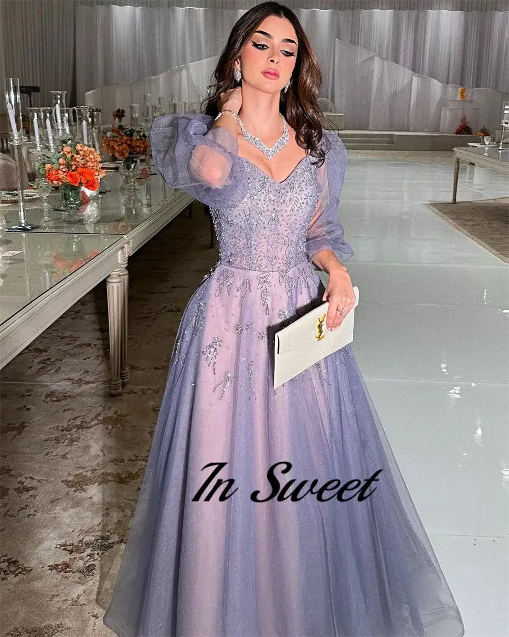 Customized Crystal Beading Fairy Prom Gown Sweetheart A-line Tulle Half Sleeves Evening Dresses Purple Elegant Party Dress Robe