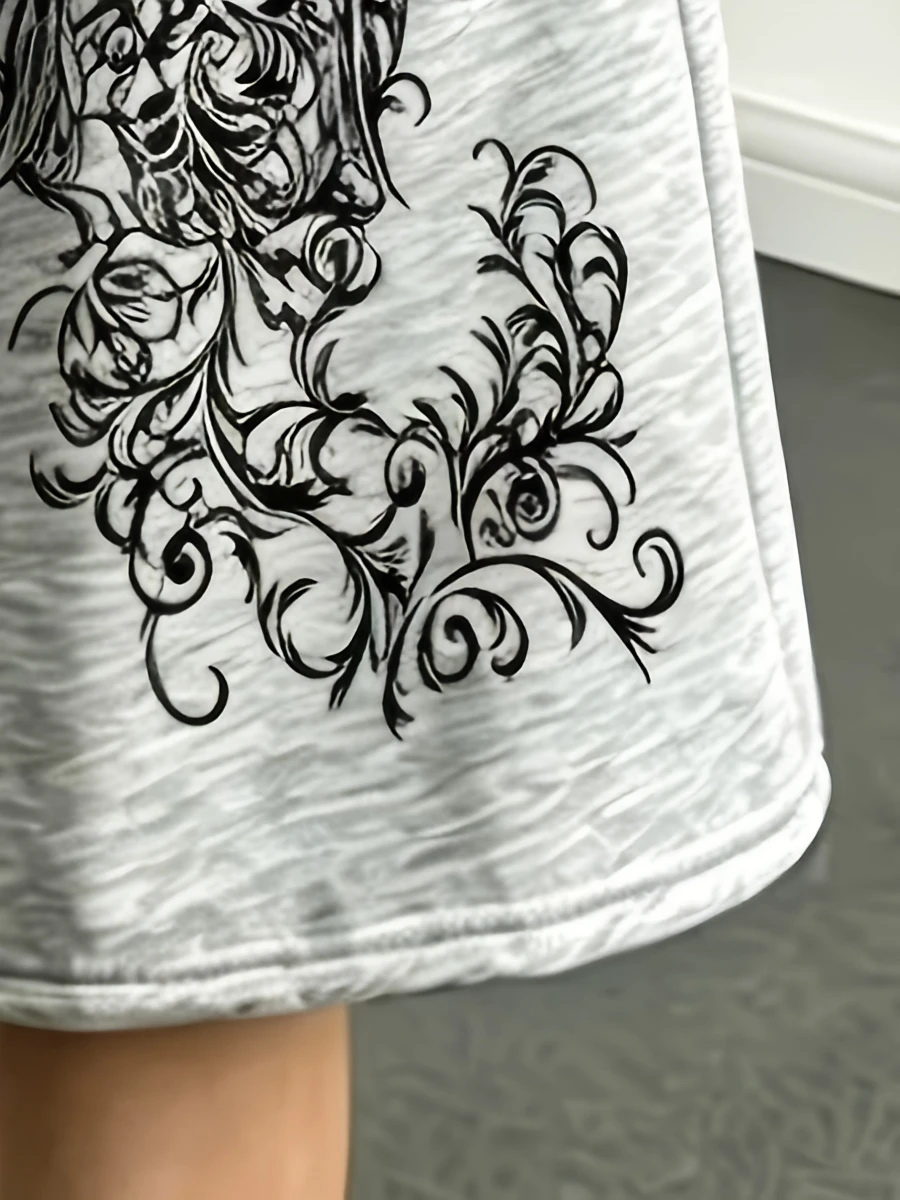 Fashionable Light Gray and Dark Textured Printed Mid-length Sweatpants/shorts Loose Fit Street Punk Style Casual image 4