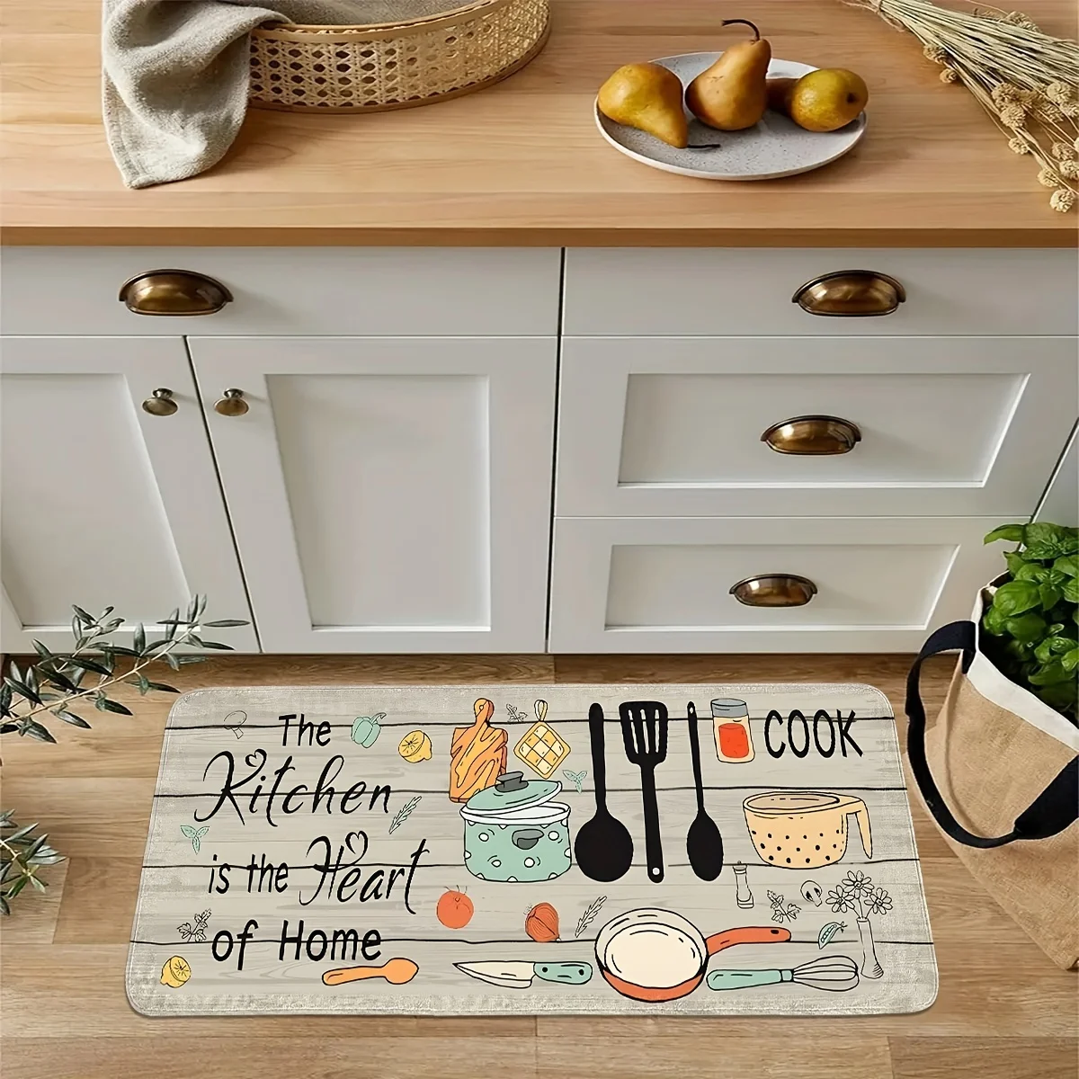 Kitchen Utensil Print Kitchen Bath Mat, Non-Slip Soft Absorbent Long Floor Rug with 