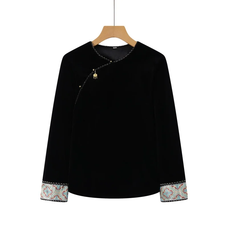 

Chinese Fashion Frog Button Velvet Black Blouse Women Spring Summer O-neck Loose Soft Splicing Flower Shirt Casual Female Tops