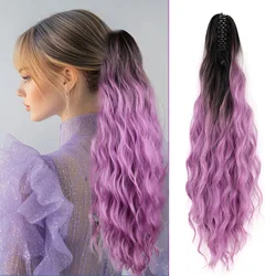 Synthetic Claw Ponytail Extension Ombre Purple Ponytail Hair 24 inch Water Wave Hairpieces for Women Girls Daily Use Party
