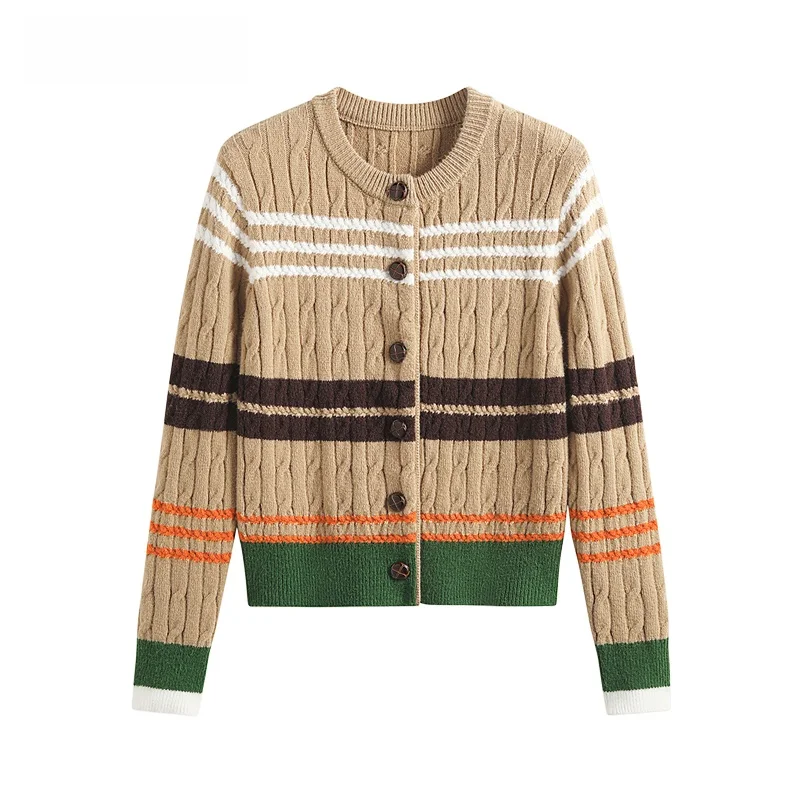 

Женский вязаный кардиган JZZDEMM в полоску с цветными блоками, приталенный, с круглым вырезом, на весну-осень, в стиле ретро, для повседневной носки