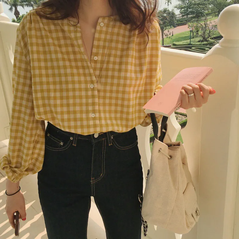 Autumn Spring Women Plaid Tops and Blouses Long Sleeve Sweet Shirts Ladies O Neck Loose Casual Korean Shirts Blusas femininas