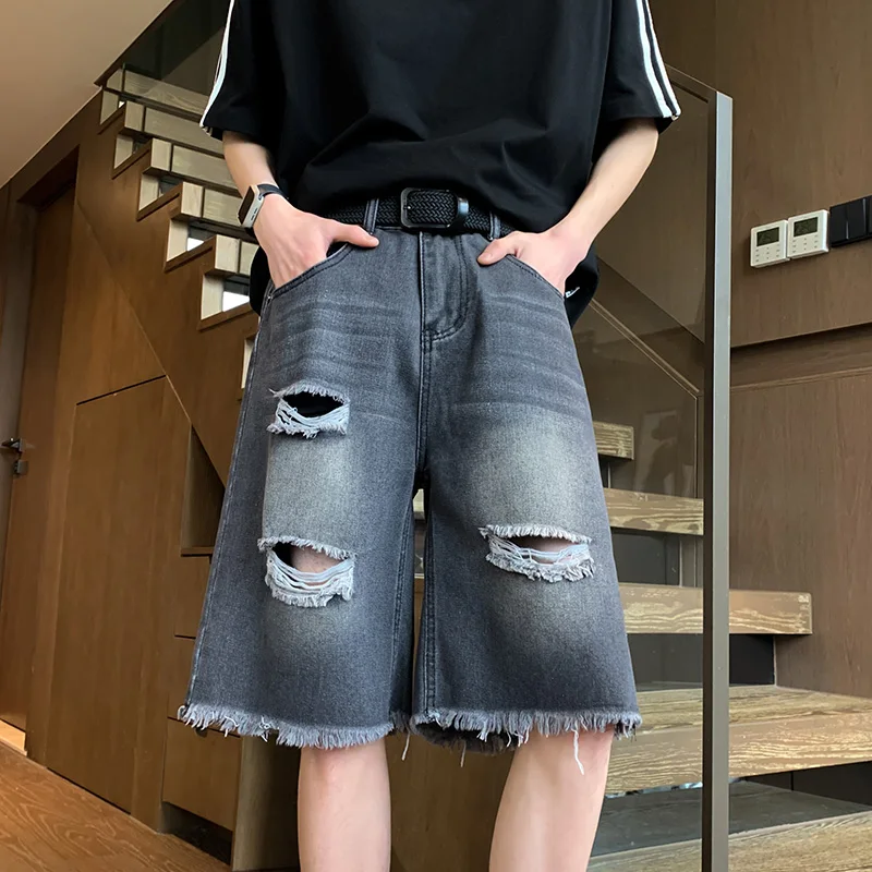 

Men's Blue Shorts Streetwear Baggy Jeans Jorts Straight Trousers Wide Pants Luxury Man Jeans Ripped Clothing