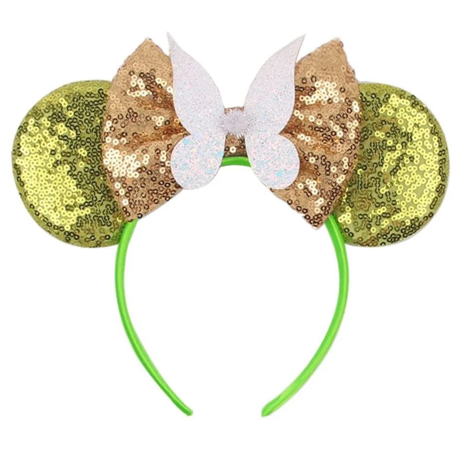 Popolare paillettes Green Fairy Butterfly Mouse Ears Bow fascia per capelli per bambini Tinkerbell Glitter Hairband accessori per capelli per bambini