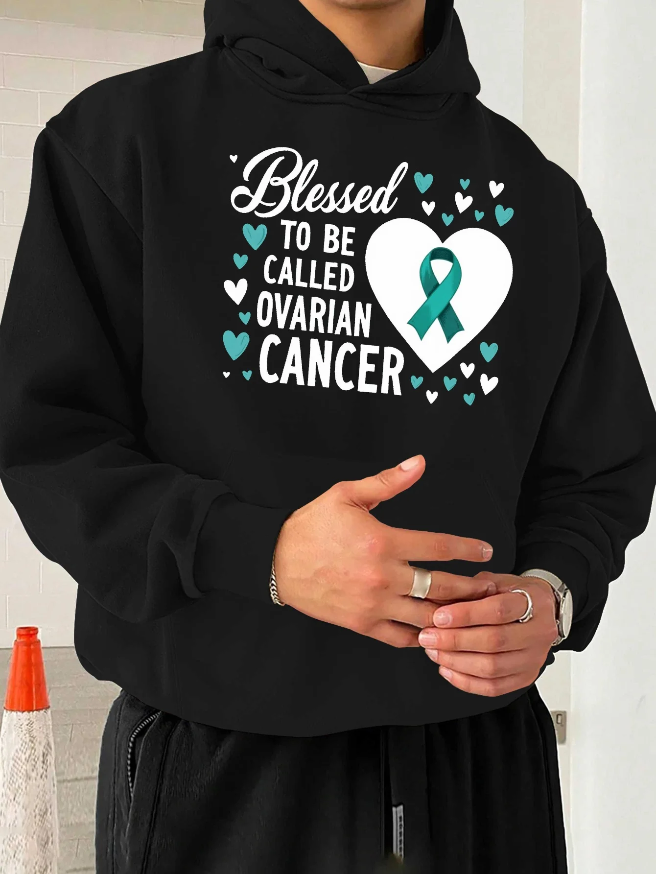 

Gratitude is the blouse of ovarian cancer awareness, a pullover with a heart-shaped pattern on the hood.