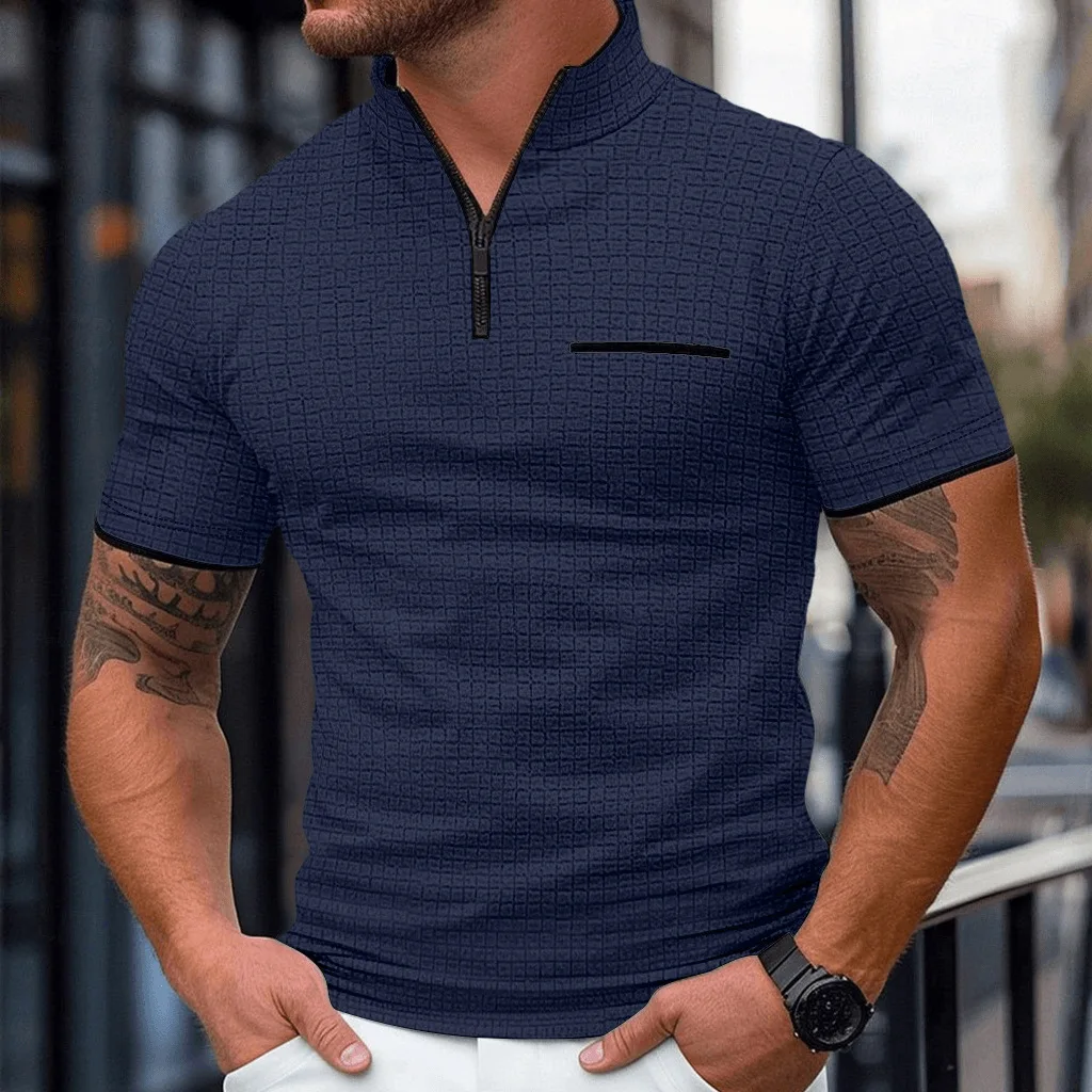 2026 Men's T-shirt Summer New Short sleeve Jacquard Stand up collar Zipper Tops Daily Outdoor Casual Sports Men's POLO shirt