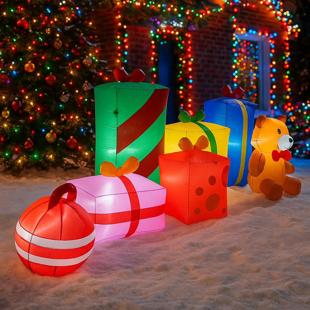 3M/9.8FT Inflatable Christmas Gift Boxes Teddy Bear Lawn Lights LED Home Decor Toy Yard Xmas Holiday Ornament Supplies with Snow