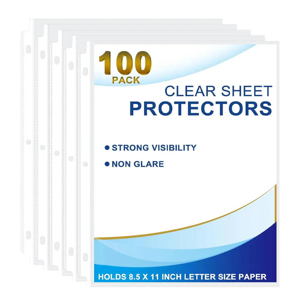 100-Pack Clear Sheet Protectors (8.5 x 11 Inches), Compatible with 3-Ring Binders, Top-Loading Design for Document Protection.