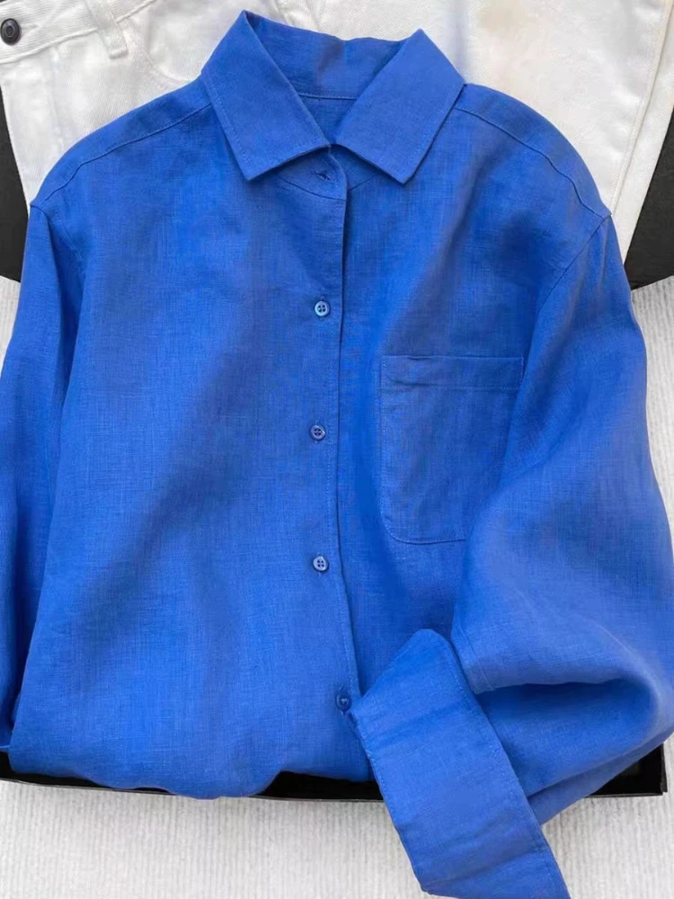 Chemise en lin bleue pour femme, été, fine, ample, en coton et lin, manches longues, protection sola