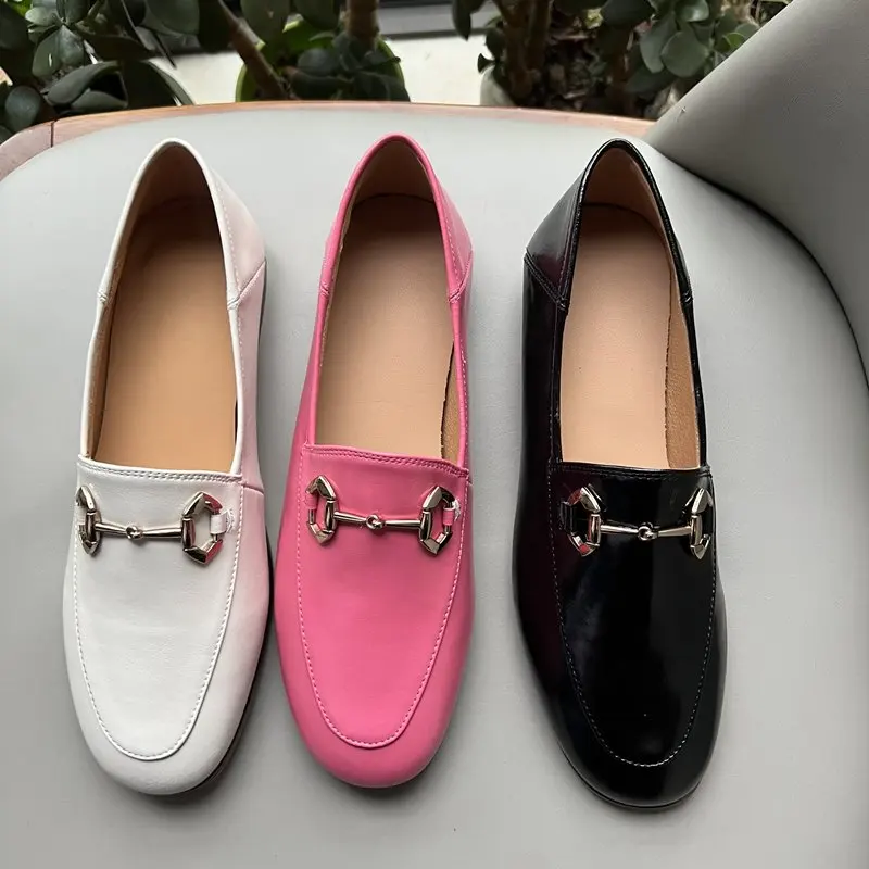 

Plus Size 34-44 New Genuine Leather Shoes Women Flats Luxury Brand Metal Buckle Women's Loafers Fashion Solid Color Ladies Shoes