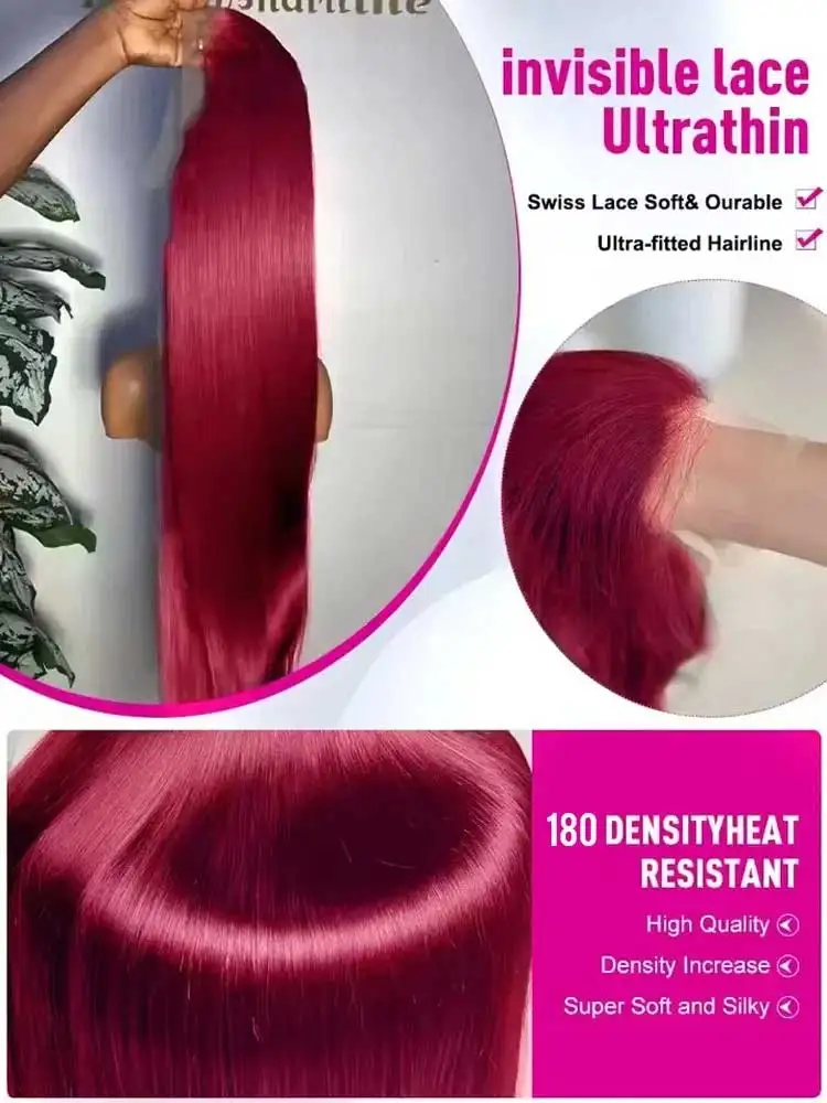 13x4 Burgundy Straight Lace Front Wigs Human Hair Bone Straight Hd Lace Frontal Wigs Colored Red 99J Human Hair Wigs For Women image 5