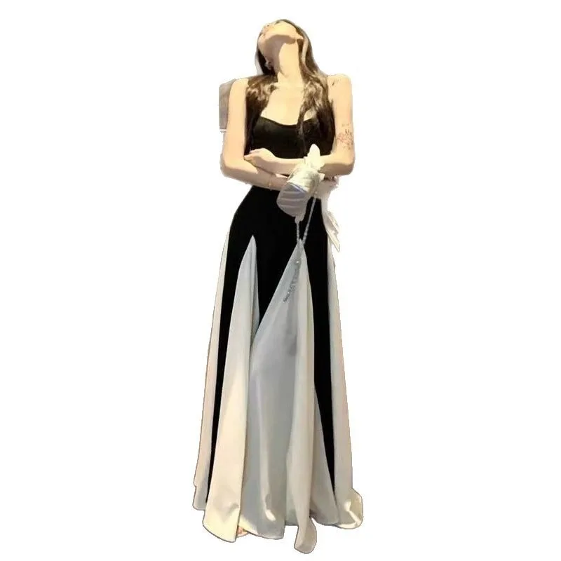 Dames zomerontwerp gevoel taille a-woord rok grote slinger vloer lange jurk Franse contrasterende kleur splitsen jarreteljurk