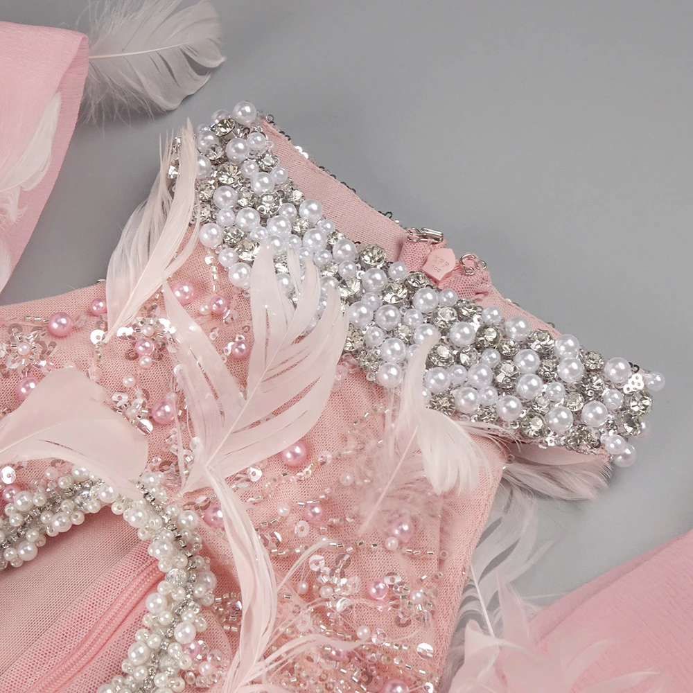 Elegante abito da sera con perline rosa con spalle gonfie e dettagli ritagliati – Abito lungo formale di lusso per donna Vestido