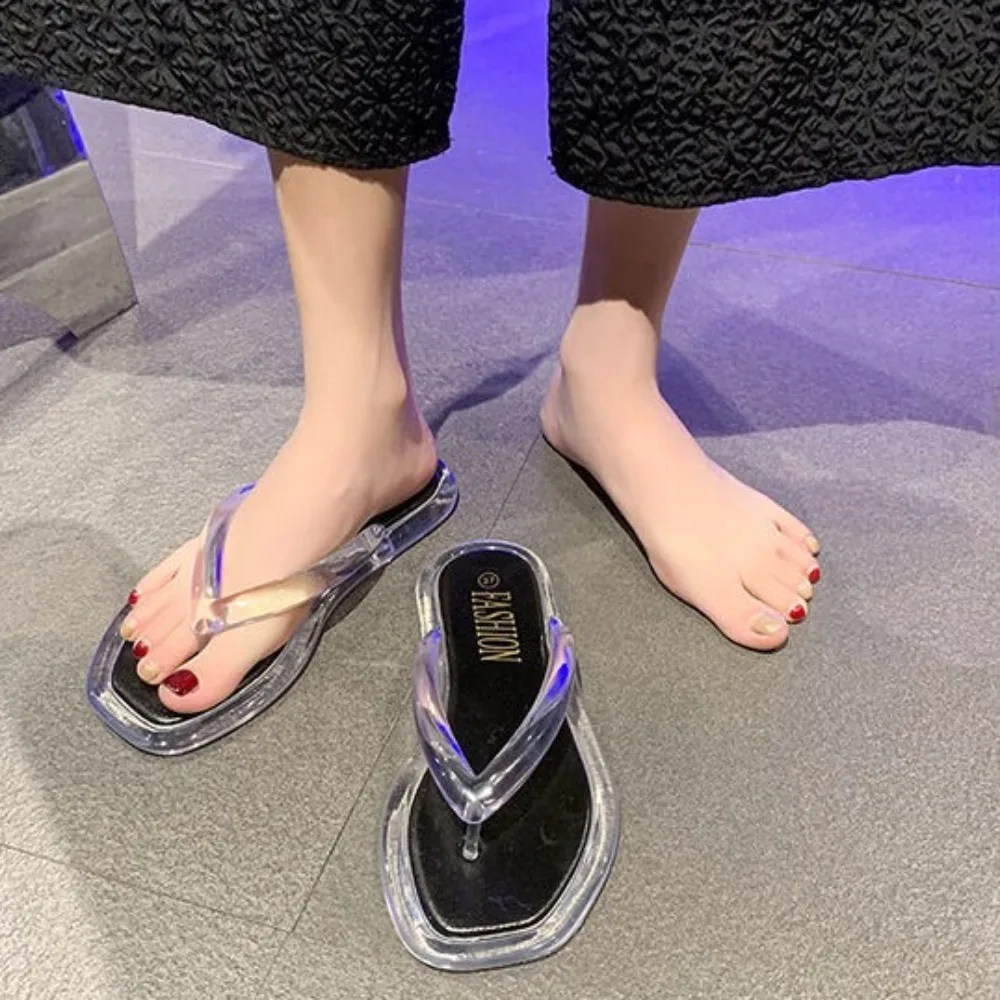

Fashion Transparent Flip Flops Slippers PVC Summer Flats Shoes Anti Slip Out Wear Slides Sandals Beach