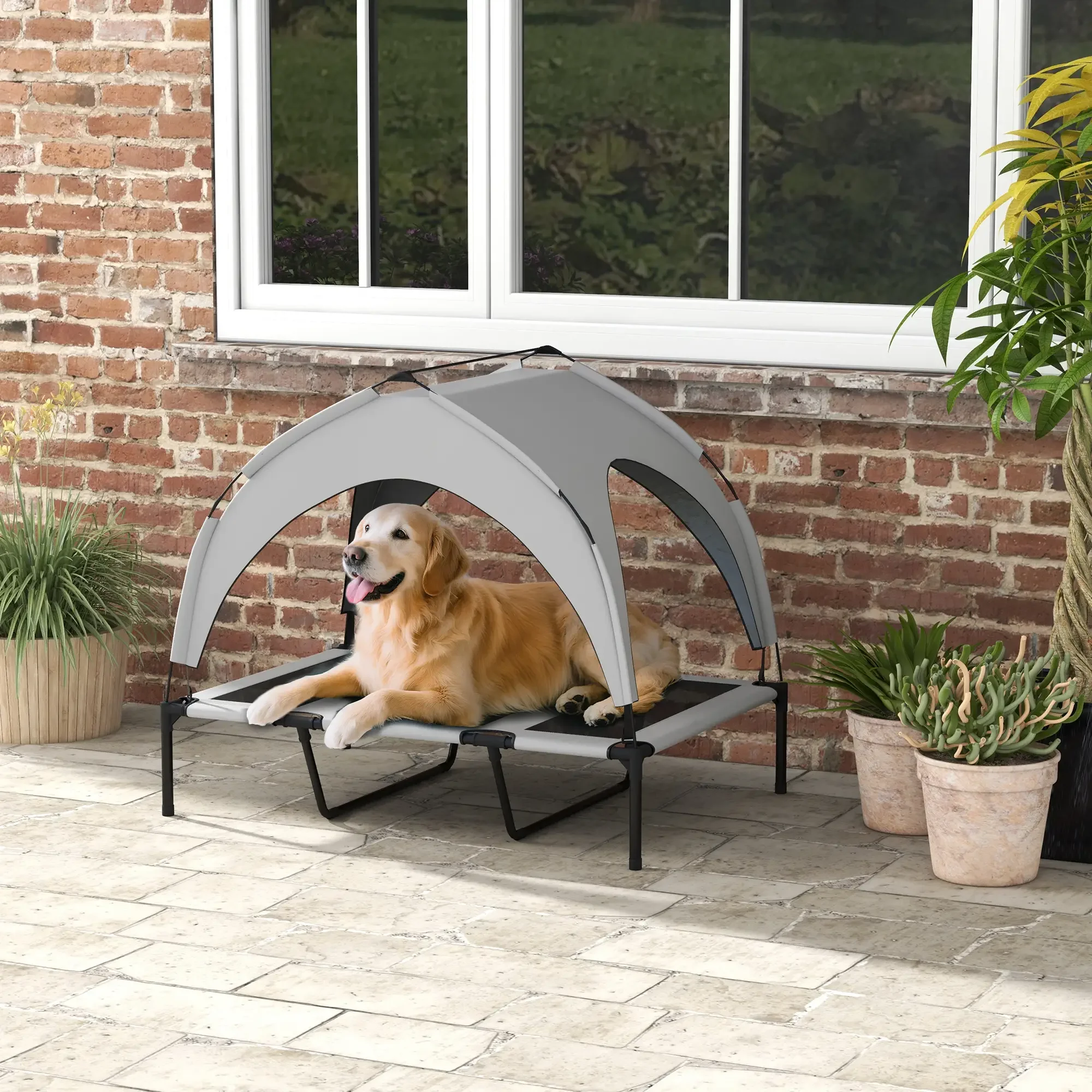 Elevated Dog Cot Cooling Pet Bed with Removable Canopy, Breathable Mesh Raised Dog Bed Portable Outdoor Sun Shade Pet Furniture for Small Medium Large Dogs