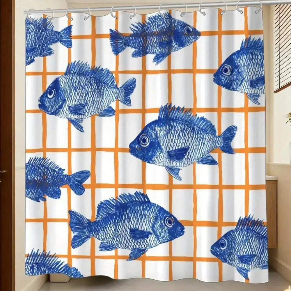 

Waterproof Shower Curtain Blue Fish Ocean Pattern Nautical Tropical Grid Bathroom Decor Liner Home Accessories Household Bathroo