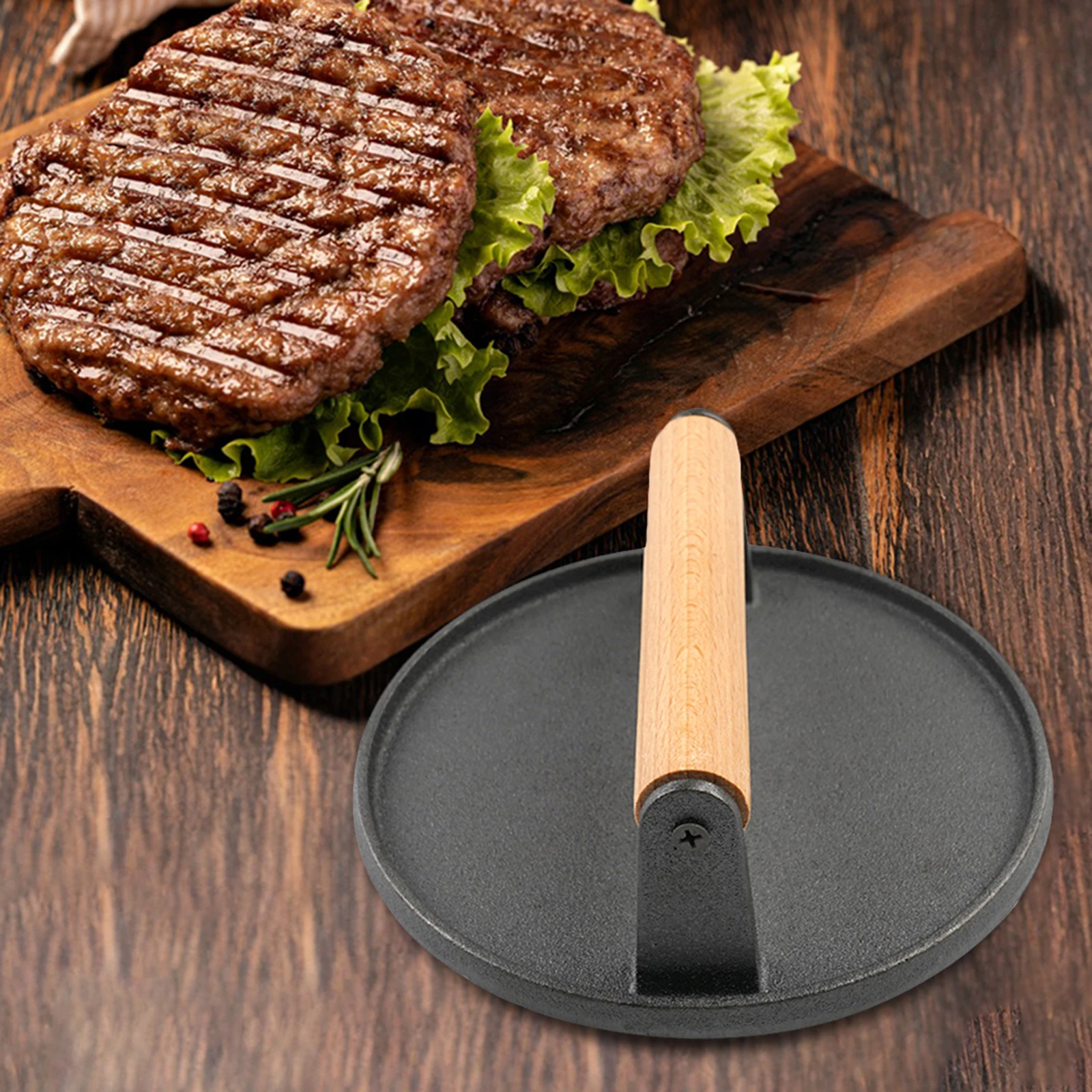 Round Meat Pressing Plate with Wood Handle Pressing Frying Pan Non-Stick Meat Steak Press Board…