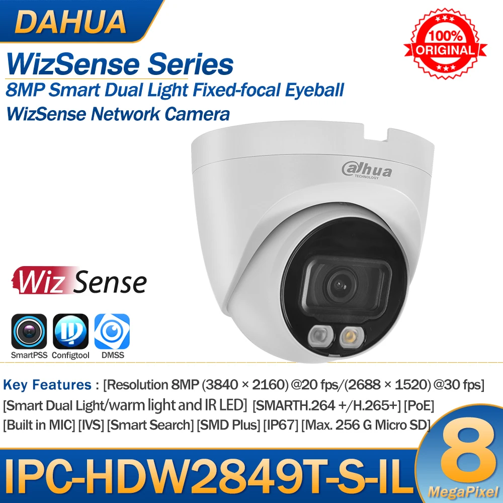 Dahua IP Camera 8MPIPC-HDW2849T-S-IL Smart Dual Light WizSense Network POE Camera Full Color IR LED built in MIC SD Card Slot