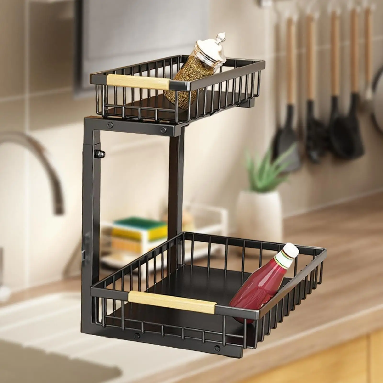 Kitchen Under Sink Organizer Adjustable Height Under Sink Cabinet Baskets Organizer 2 Tiers with Sliding Drawers Storage Rack