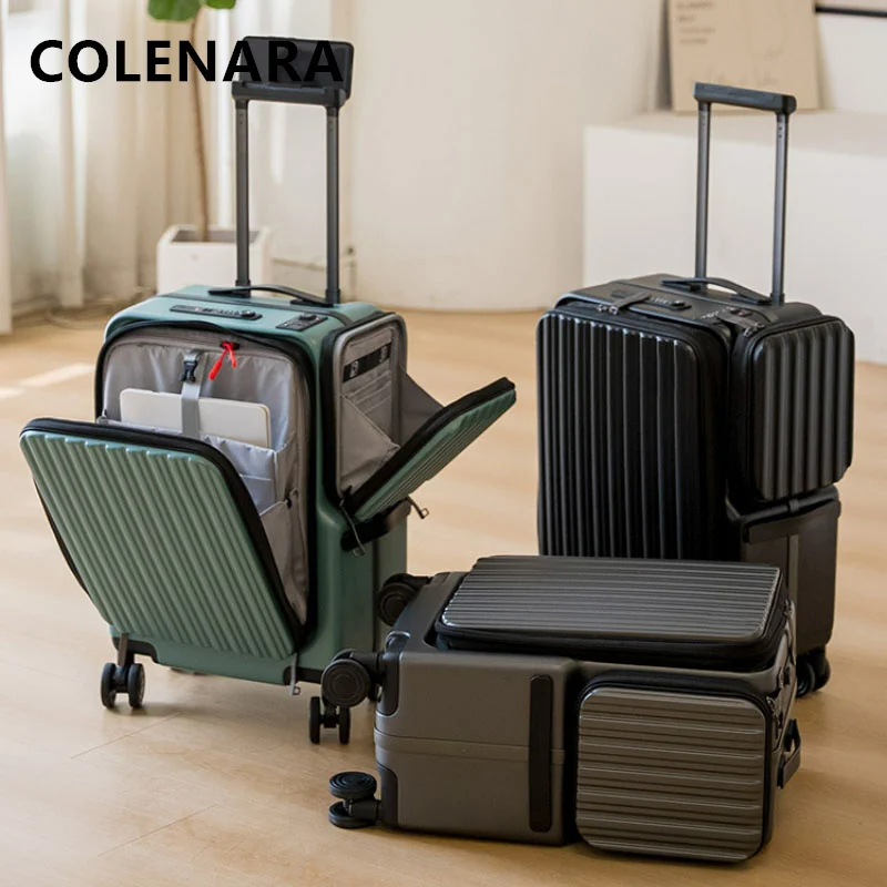 COLENARA Cabin Luggage PC Front Opening Boarding Box USB Charging Trolley Case Zipper Password Box with Wheels Rolling Suitcase