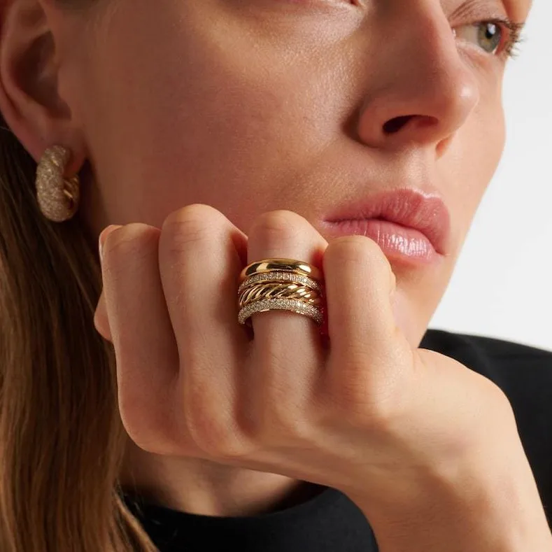 18K Gold Plated Copper Multi‑Layer Stacking Zircon Twisted Band Ring Set for Women 4 Pieces Decorative Casual Jewelry Gift