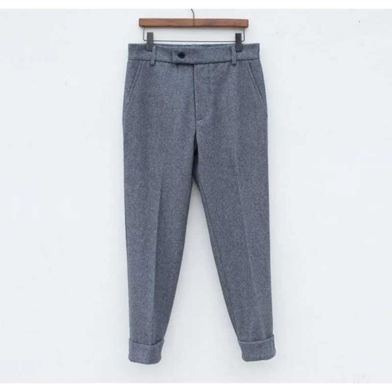 Autumn and winter men's woolen casual pants, thick fit, slim fit, small leg men's pants, small straight leg business pants