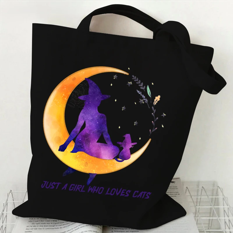 Halloween Witch Cat Tote Bag Gothic Black Cat Shopper Halloween Party Gift Shopping Bag Spooky Season Funny Animal Women Handbag