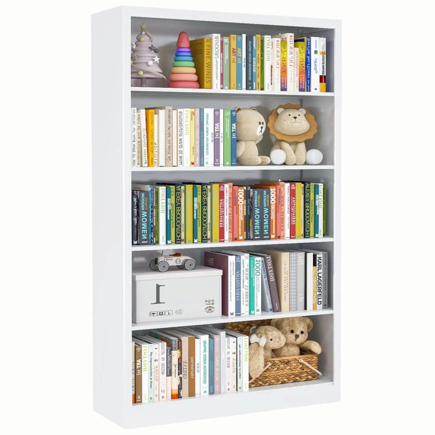 55” White Bookshelf, 5 Tier Adjustable Metal Bookcase | Adjustable, Wide Bookshelf With Anti-Tilt Device, Easy, Customized