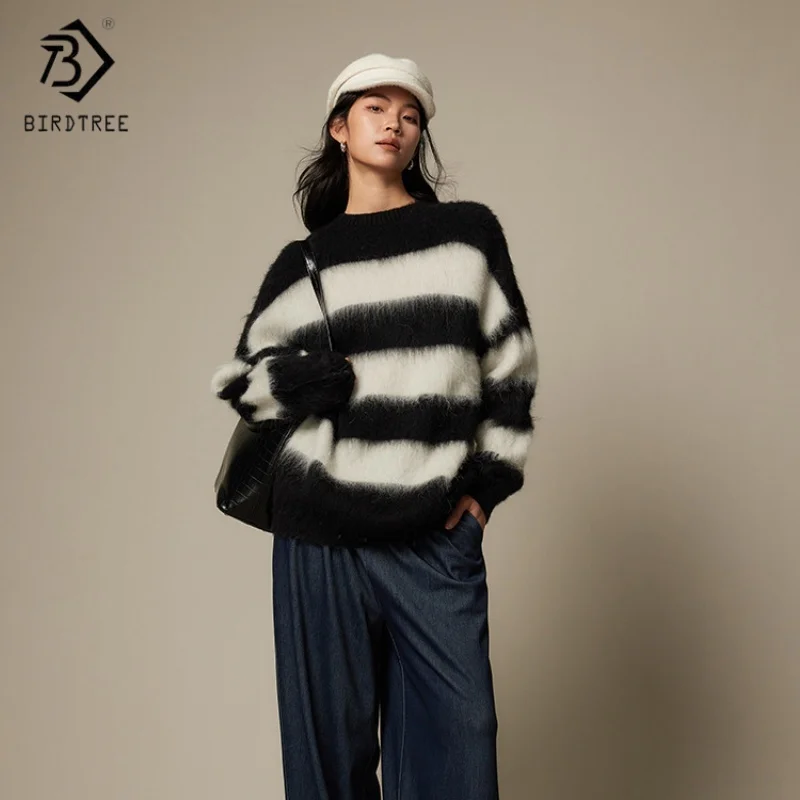 

Birdtree,Alpaca Wool Blended Plush Knitted Sweater,Woman Stripe O-neck Bottoming Knitwear,2025 Autumn Loose Pullover T5O621JF
