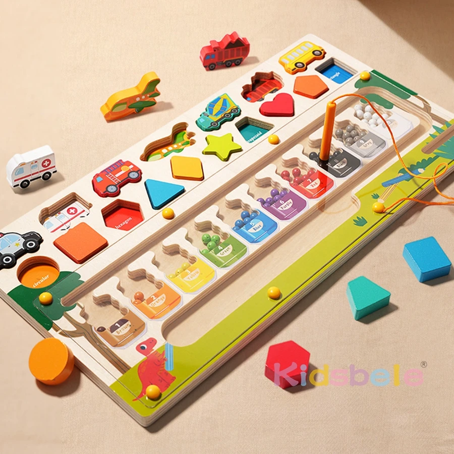 Baby 3 in 1 Montessori Toys For Kids Magnetic Educational Color & Number Maze Shape Vehicle Wooden Puzzle Sorting Birthday Gifts