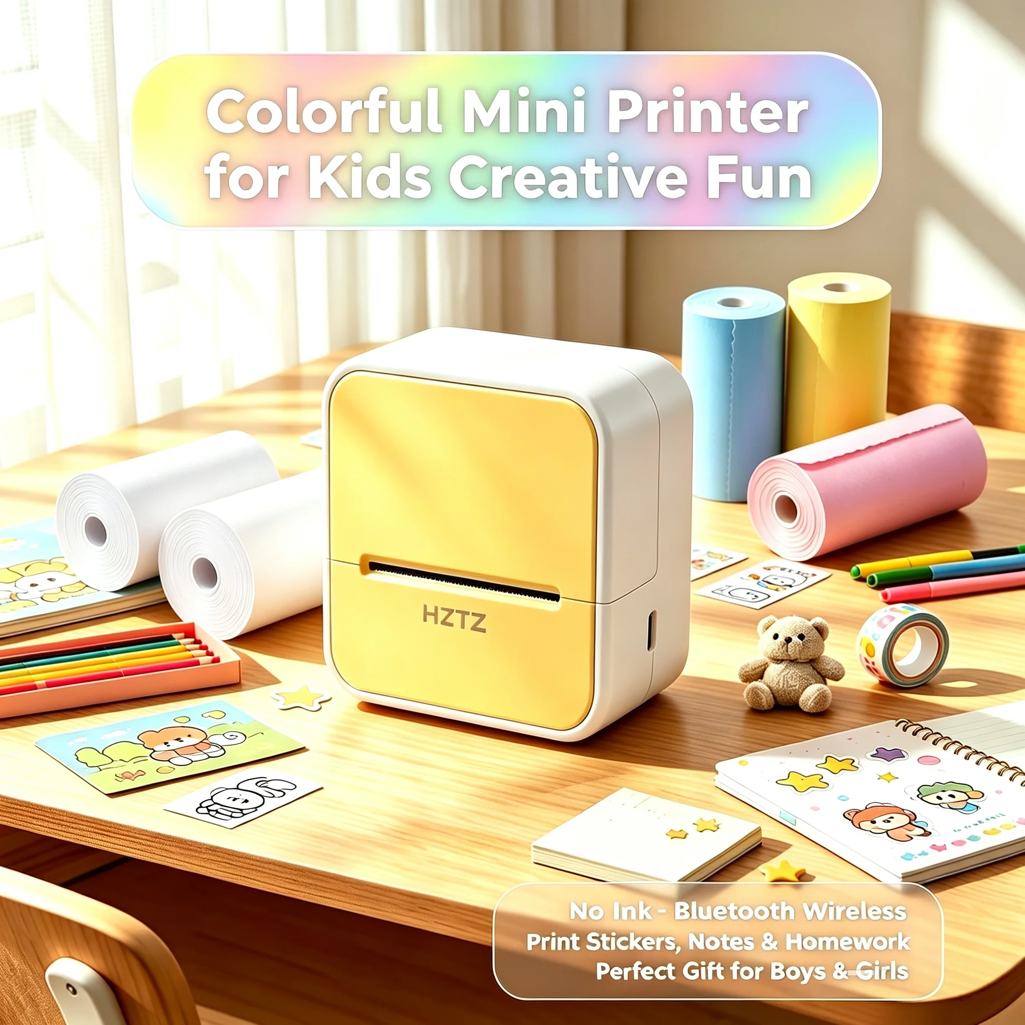 Portable Wireless mini Thermal Printer Comes with 12 Rolls of Paper and Is an Instant Photo Printer with a USB Interface.