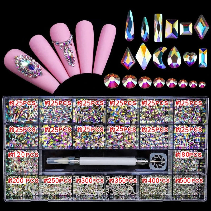 2500pcs Luxury Shiny Diamond Nail Art Rhinestones Crystal Decorations Set AB Glass 1pcs Pick Up Pen In Grids Box 21 Shape