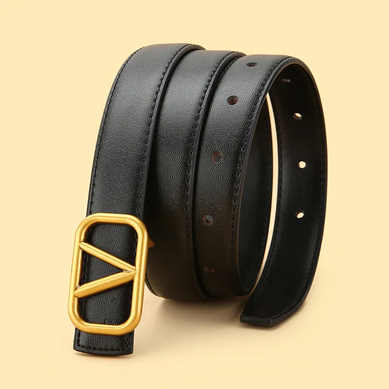 حزام جلد مزخرف للسيدات جينز كاجوال متعدد الاستخدامات حزام خصر نحيف عالي الجودة يشعر بسيط بإبزيم معدني على شكل حرف V