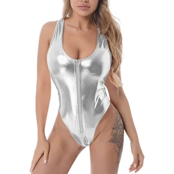 Costume da bagno intero da donna costume da bagno intero metallizzato lucido scollo tondo chiusura con cerniera anteriore body senza maniche body Swimwear