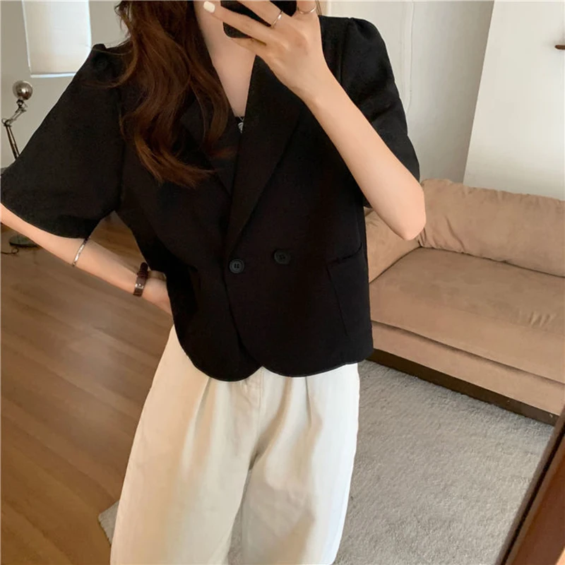 Lucyever Summer Korean Cropped Blazers Women 2023 Solid Color Short Sleeve Outwear Woman All-Match Office Suit Jacket Ladies