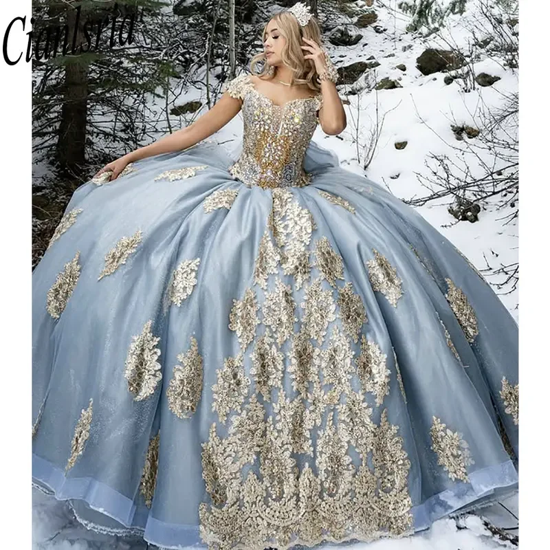 

Light Blue Off The Shoulder Quinceanera Dresses Ball Gown Beading Crystal Gold Appliques Lace Sweet 15 Años Mexican Customized
