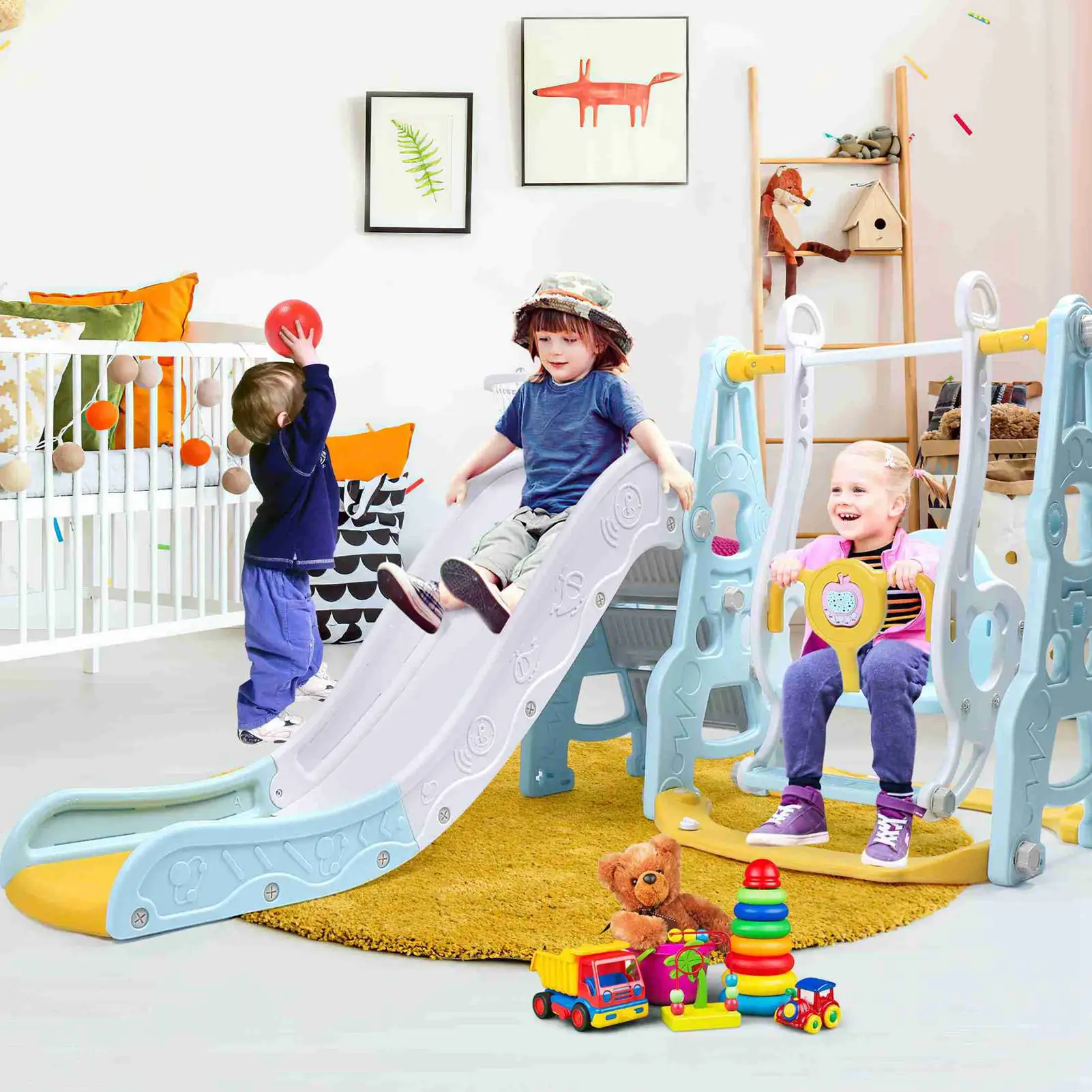 4-in-1 speelset voor peuters, schommelglijbaan, klimmer, basketbalring, achtertuin, binnenspeelset voor jongens en meisjes