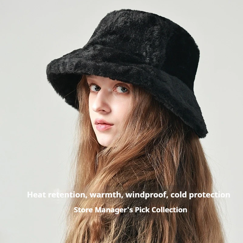 Women Faux Fur Warm Bucket Hat Winter Warm Plush Fisherman Hat Soft Fluffy Thick Solid Color Outdoor Casual Lady Warm Headwear