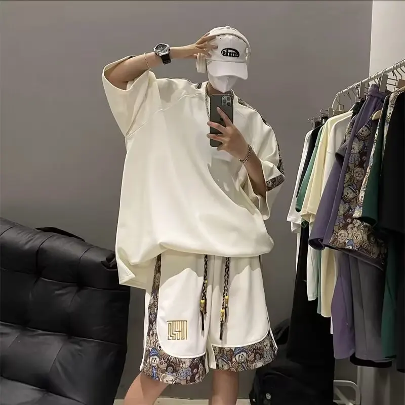 Olive Green Spliced Set Men's New Chinese Style Fashion Brand Versatile Two-Piece Summer Fashion Short Sleeve T-Shirt Shorts